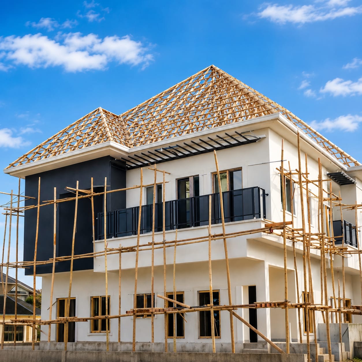 Two-storey building with its new dark roof in place