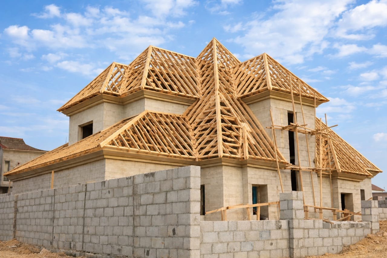 Large timber roof structure spanning a new build